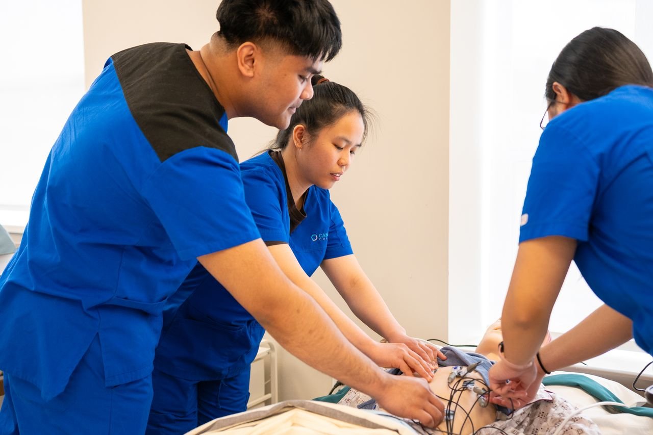hero-gallery-04 Group of nursing students conducting a medical procedure in a training room.